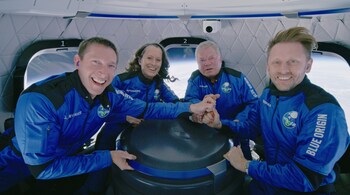 William Shatner (second from right) aboard Blue Origin spacecraft in 2021. (Image credit: Blue Origin)