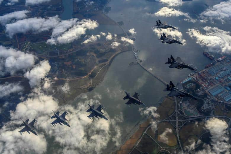Bombing drill: South Korean and U.S. fighter jets take part in a joint bombing drill in this handout picture provided by the Defense Ministry, South Korea, October 4. (Image: South Korean Defense Ministry/Yonhap)