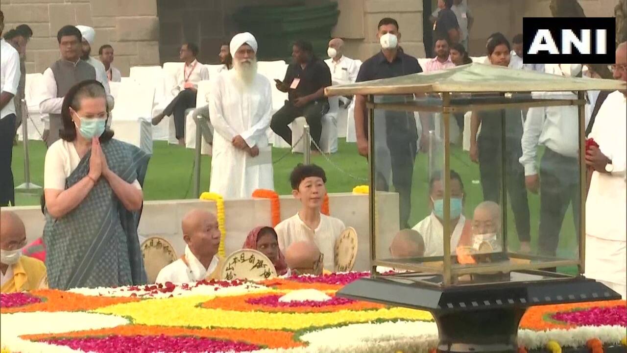 Congress leader Sonia Gandhi at Rajghat. (Image credit @ANI/Twitter) Congress leader Sonia Gandhi at Rajghat. (Image credit @ANI/Twitter)