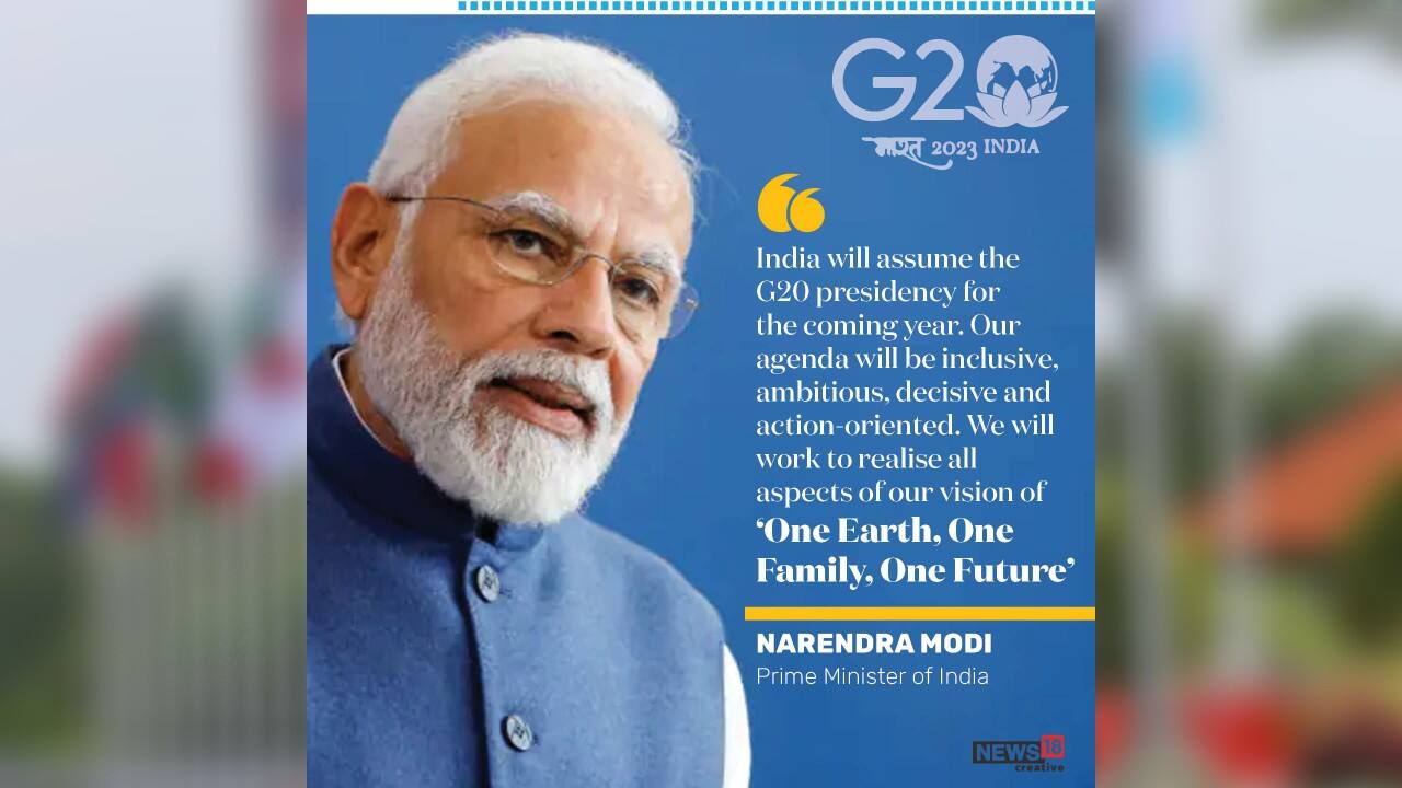 “India will assume the G20 presidency for the coming year. Our agenda will be inclusive, ambitious, decisive and action-oriented,” said PM Modi. (Image: News18 Creative)