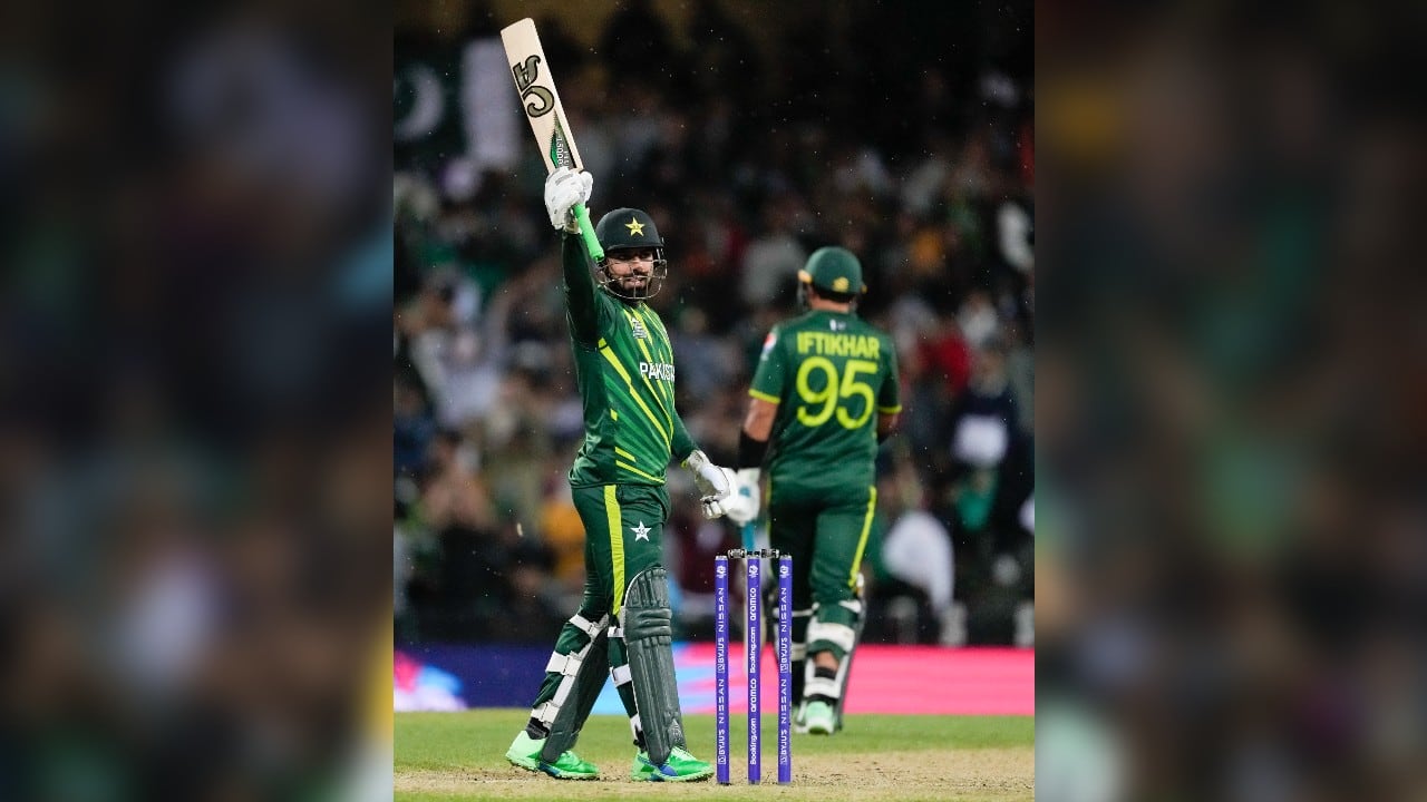 The 82-run stand in the last seven overs took Pakistan to 177-5 before South Africa hit back late with three wickets. Shadab and Iftikhar holed out in the deep. Nortje took 4-41. (Image: AP)