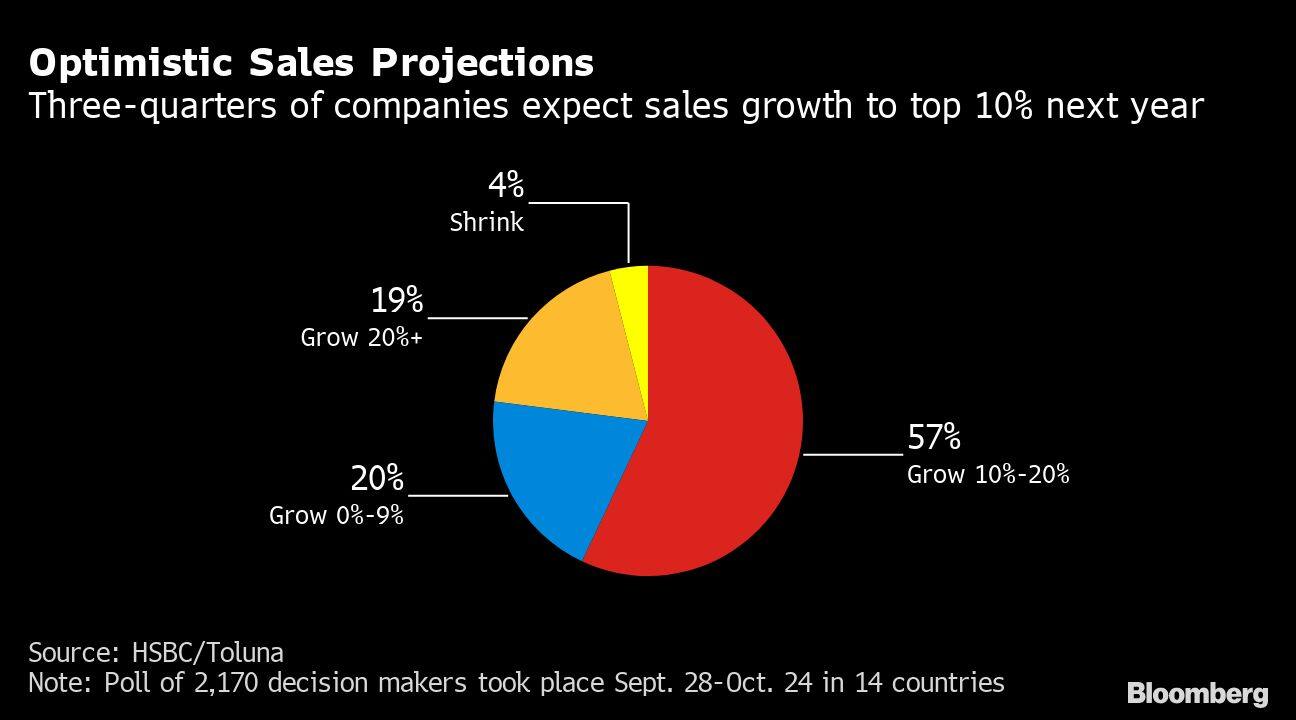Optimistic Sales Projections | Three-quarters of companies expect sales growth to top 10% next year