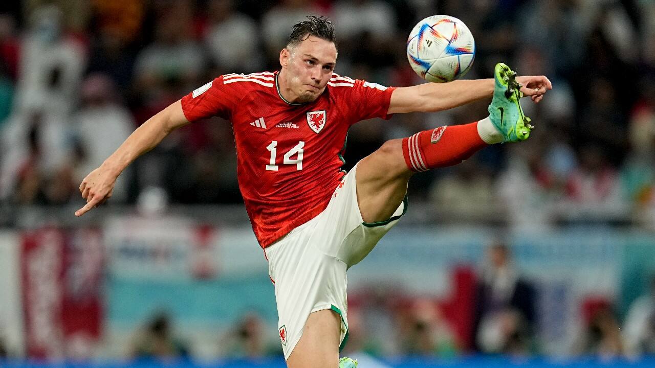 Wales' Connor Roberts reaches for the ball during the World Cup group B soccer match between England and Wales, at the Ahmad Bin Ali Stadium in Al Rayyan, Qatar. (Image: AP)