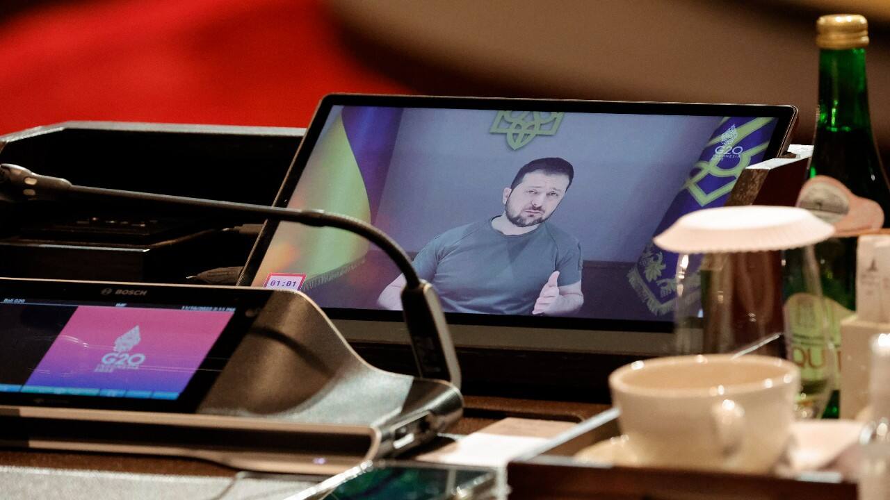 Ukraine's President Volodymyr Zelenskiy addresses a session via video conferencing during the G20 Leaders' Summit in Nusa Dua, Bali, Indonesia. (Image: AP)