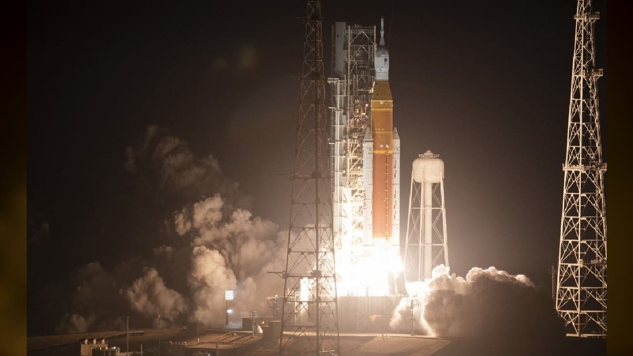 The launch came despite technical issues that ate into the two-hour launch window that opened at 1:04 am. Engineers were forced to pause the flow of liquid hydrogen into the core stage Tuesday night because of a valve leak, though a team sent to the launch pad resolved the problem after an hour. (Image: AFP) The launch came despite technical issues that ate into the two-hour launch window that opened at 1:04 am. Engineers were forced to pause the flow of liquid hydrogen into the core stage Tuesday night because of a valve leak, though a team sent to the launch pad resolved the problem after an hour. (Image: AFP)