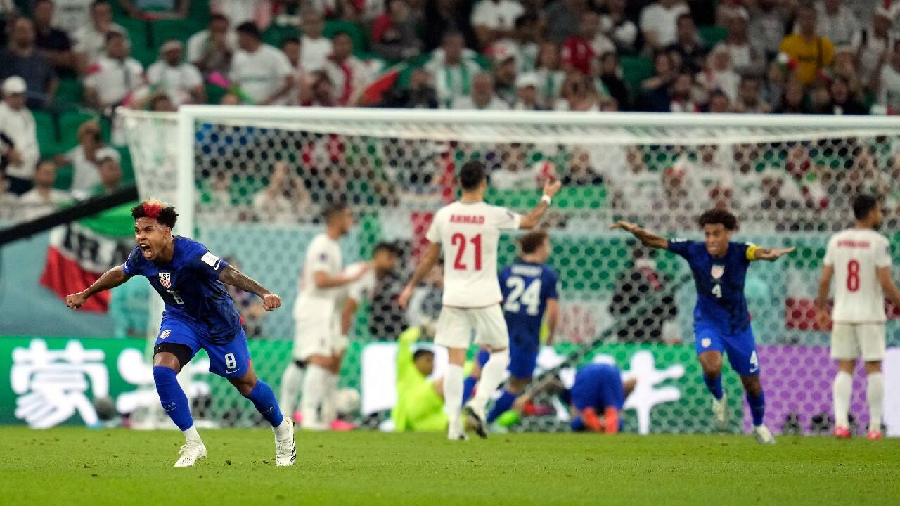 United States' Weston McKennie (8) celebrates after teammate Christian Pulisic scoring a goal during the World Cup group B soccer match between Iran and the United States at the Al Thumama Stadium in Doha, Qatar. (Image: AP)