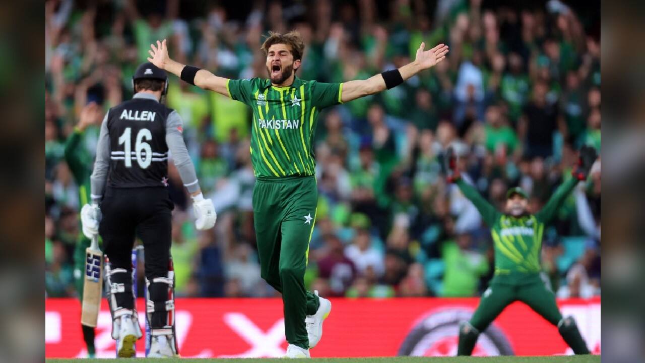 In an eventful opening over, Finn Allen hit Shaheen Afridi for four off the first delivery then was given out the next ball lbw. It was overturned on review because of an inside edge only for Afridi to promptly do the same again and this time it was plumb. (Source: AFP) In an eventful opening over, Finn Allen hit Shaheen Afridi for four off the first delivery then was given out the next ball lbw. It was overturned on review because of an inside edge only for Afridi to promptly do the same again and this time it was plumb. (Source: AFP)