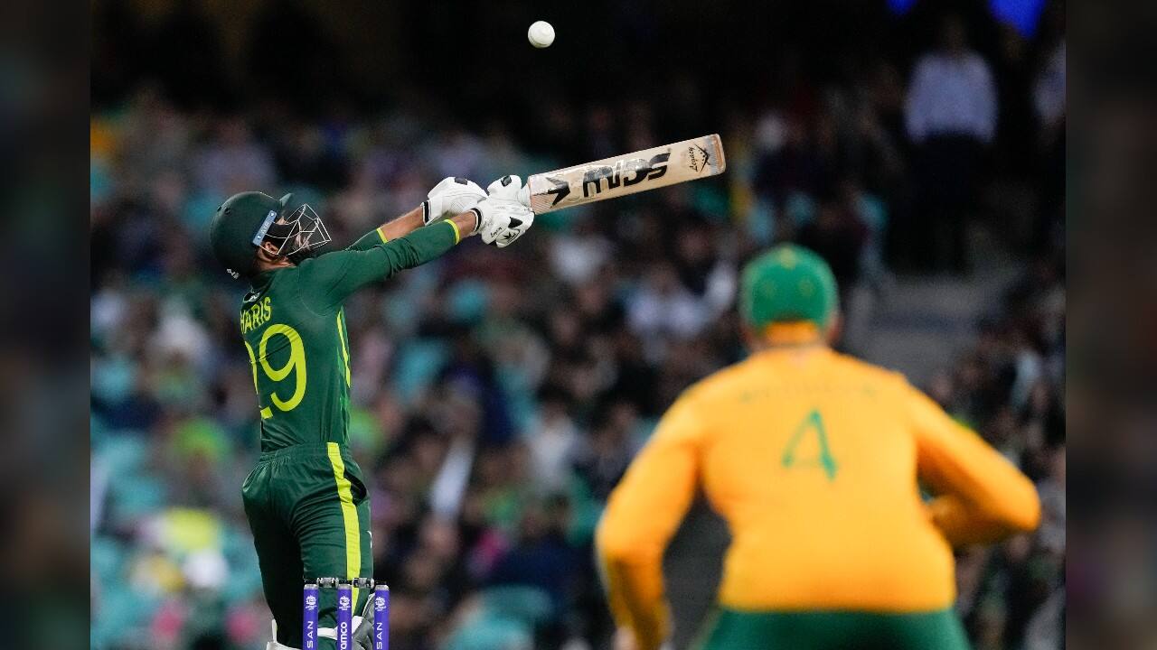 After Babar Azam's fourth consecutive single-digit score, Mohammad Haris, in for the injured Fakhar Zaman, hit fast bowler Kagiso Rabada for two sixes and a four in a quickfire 28 off 11 balls before he was undone by Anrich Nortje’s pace and was out lbw. (Image: AP)