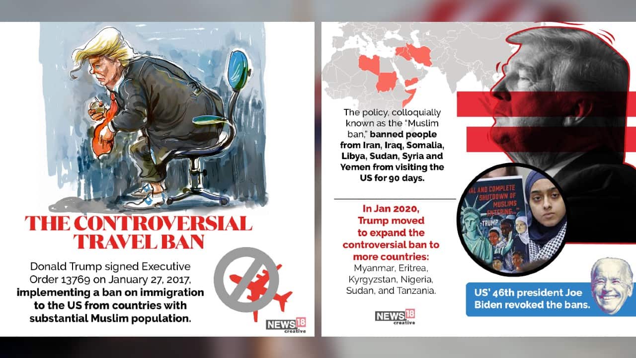 Donald Trump signed Executive Order 13769 on January 27, 2017, implementing a ban on immigration to the US from countries with substantial Muslim population. (Image: News18 Creative)