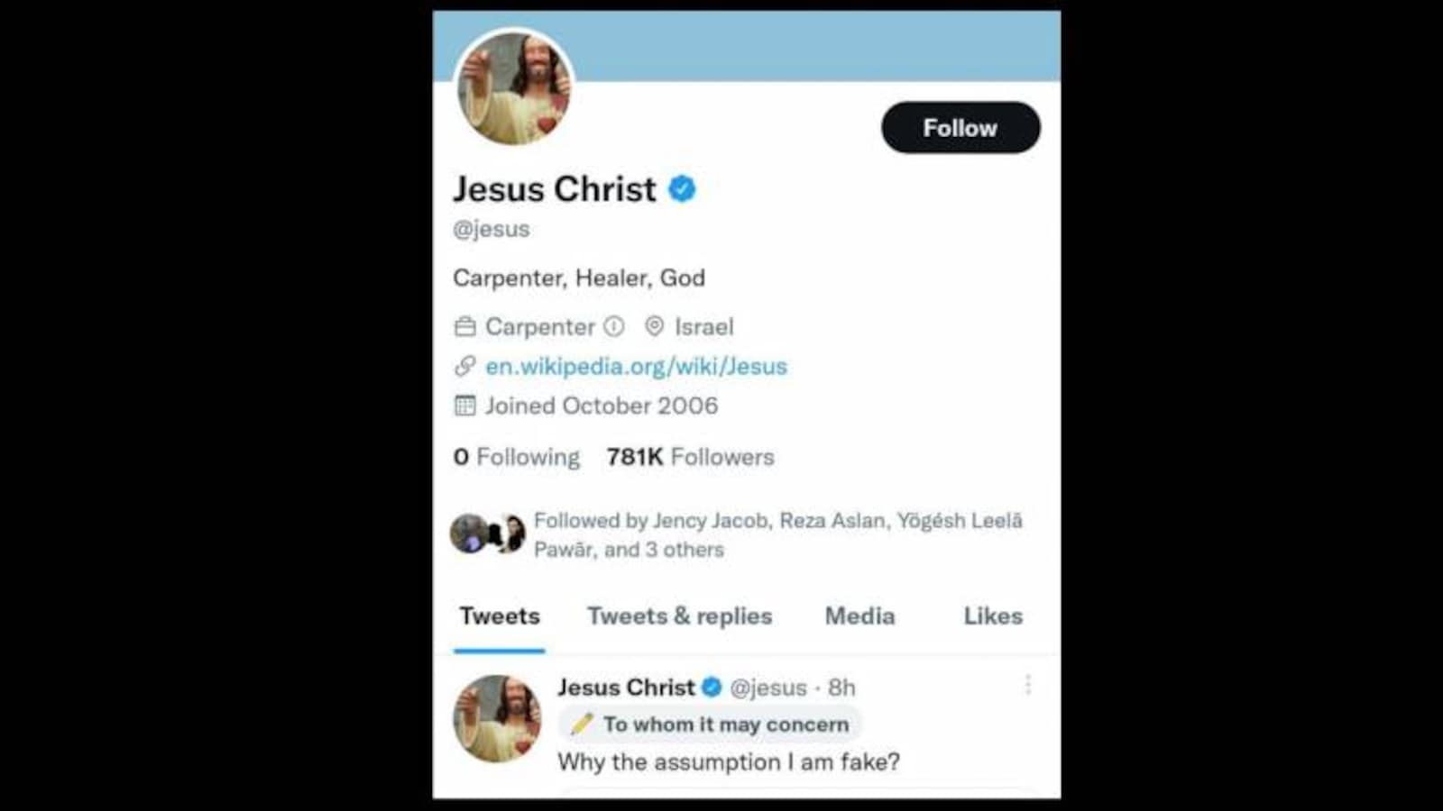 Jesus Christ' is now verified on Twitter. His bio says 'Carpenter, Healer,  God'