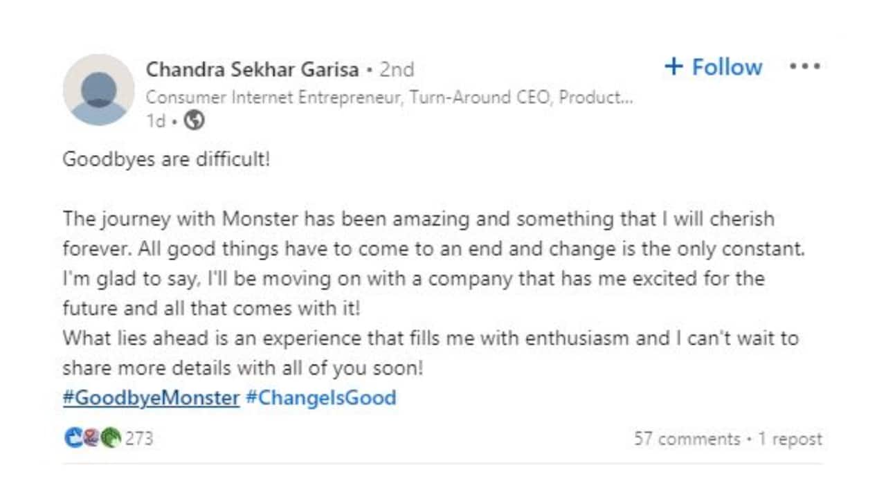 The post put up by Monster India CEO Chandra Sekhar Garisa, on LinkedIn.