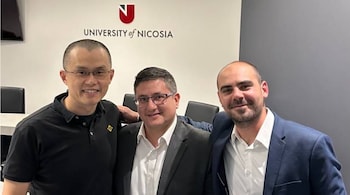 Binance CEO Changpeng Zhao with officials of the University of Nicosia. (Image credit: @cz_binance/Twitter)