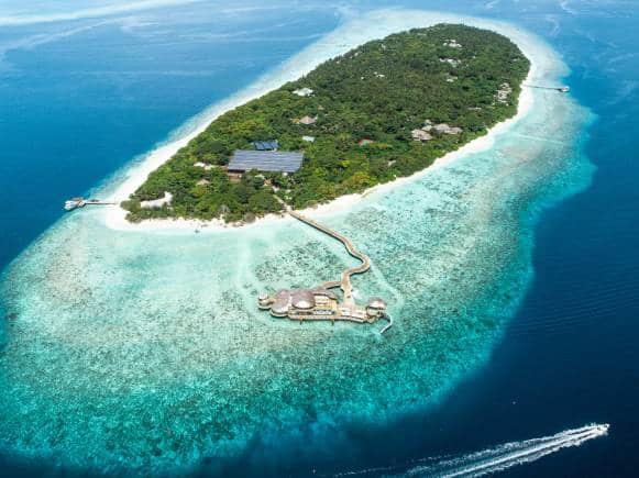 Aerial shot of Soneva Fushi, Maldives.