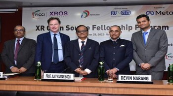 (L-R) Abhishek Singh, President & CEO of NeGD, Nick Clegg, President, Global Affairs, Meta, Prof Ajay Kumar Sood, Principal Scientific Adviser to the Government of India and Devin Narang, FICCI Committee Member & Country Head-India, Sindicatum Renewable Energy.