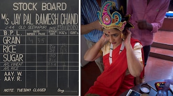 Pushpamala N (right) preparing for a performative work as Kaikeyi. 