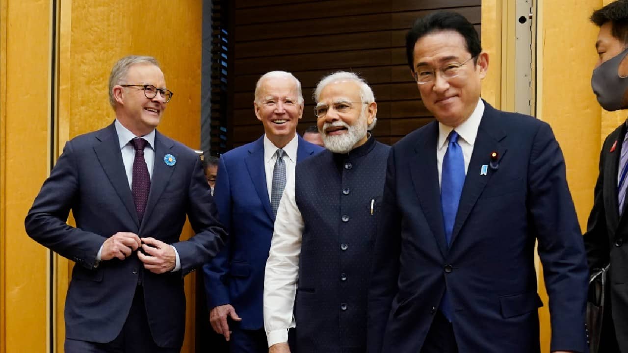 Australian Prime Minister Anthony Albanese, left, U.S. President Joe Biden, Indian Prime Minister Narendra Modi are greeted by Japanese Prime Minister Fumio Kishida, right, during his arrival to the Quad leaders summit at the prime minister's official residence, May 24, in Tokyo. (Image: AP)
