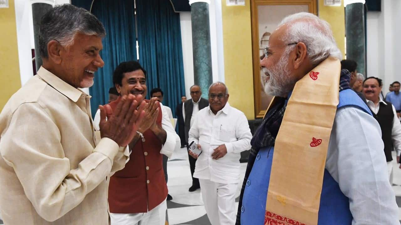Former Andhra Pradesh Chief Minister and TDP Chief N Chandrababu Naidu greets PM Modi with folded arms. Naidu laid emphasis on digital knowledge at the all-party meeting. (Image: Ministry of External Affairs) Former Andhra Pradesh Chief Minister and TDP Chief N Chandrababu Naidu greets PM Modi with folded arms. Naidu laid emphasis on digital knowledge at the all-party meeting. (Image: Ministry of External Affairs)