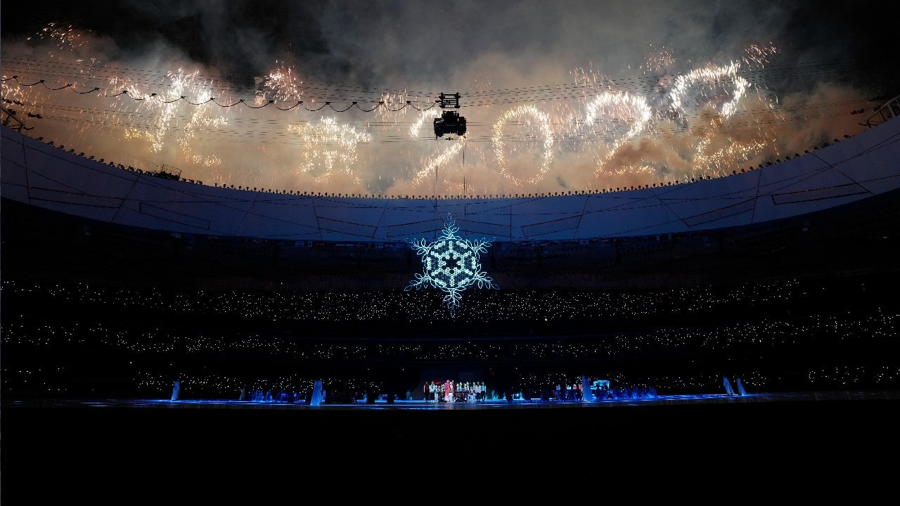 Fireworks ignite during the closing ceremony at the 2022 Winter Paralympics, March 13, in Beijing. (Image: AP)