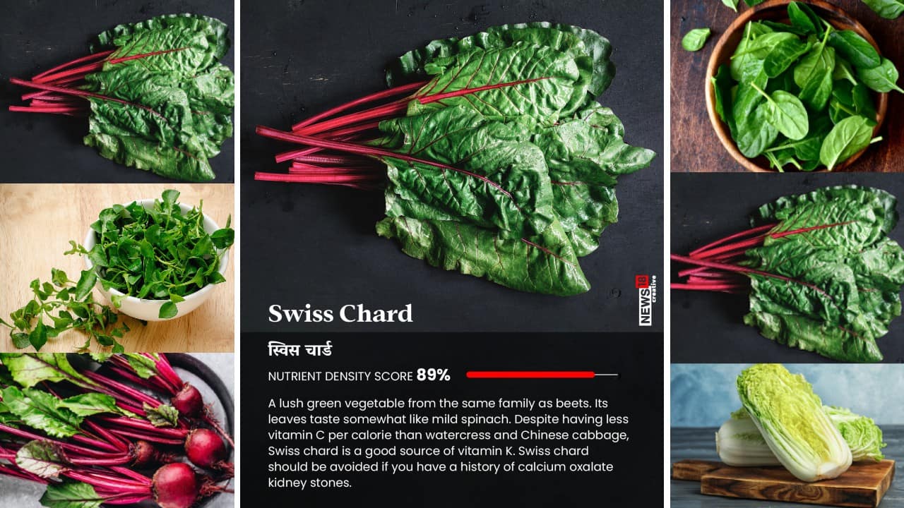 Swiss chard: A lush green vegetable from the same family as beets, tastes somewhat like mild spinach. Despite having less vitamin C per calorie than watercress and Chinese cabbage, Swiss chard is a good source of vitamin K.