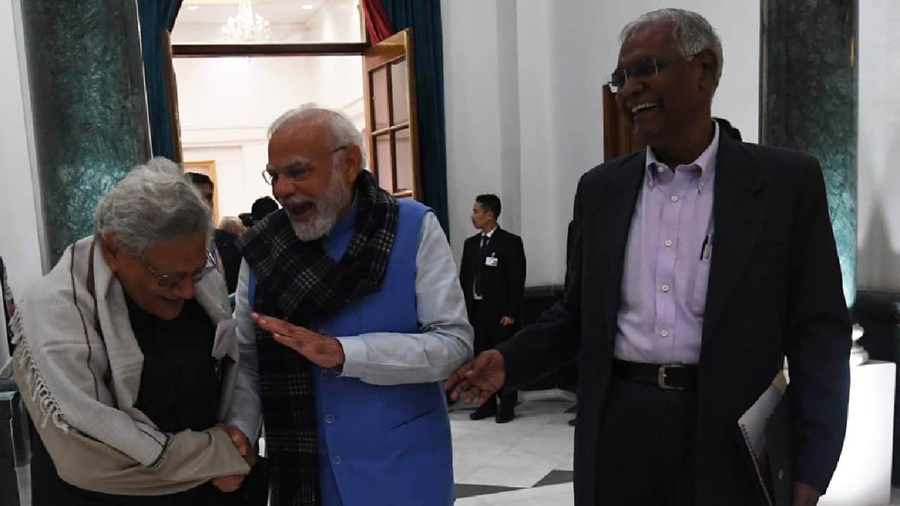 PM Modi share light moment with CPM general secretary Sitaram Yechury and CPI National General Secretary D Raja during the all-party meeting on G20 summit. (Image: Ministry of External Affairs) PM Modi share light moment with CPM general secretary Sitaram Yechury and CPI National General Secretary D Raja during the all-party meeting on G20 summit. (Image: Ministry of External Affairs)