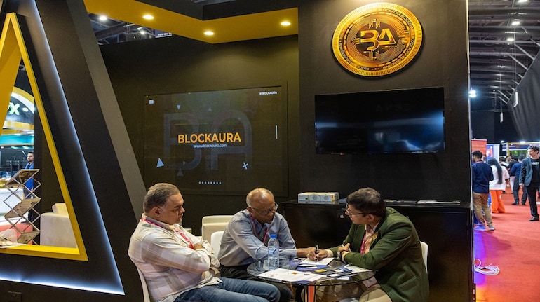 The BlockAura booth at the Crypto Expo in Dubai in October. Photographer: Christopher Pike/Bloomberg