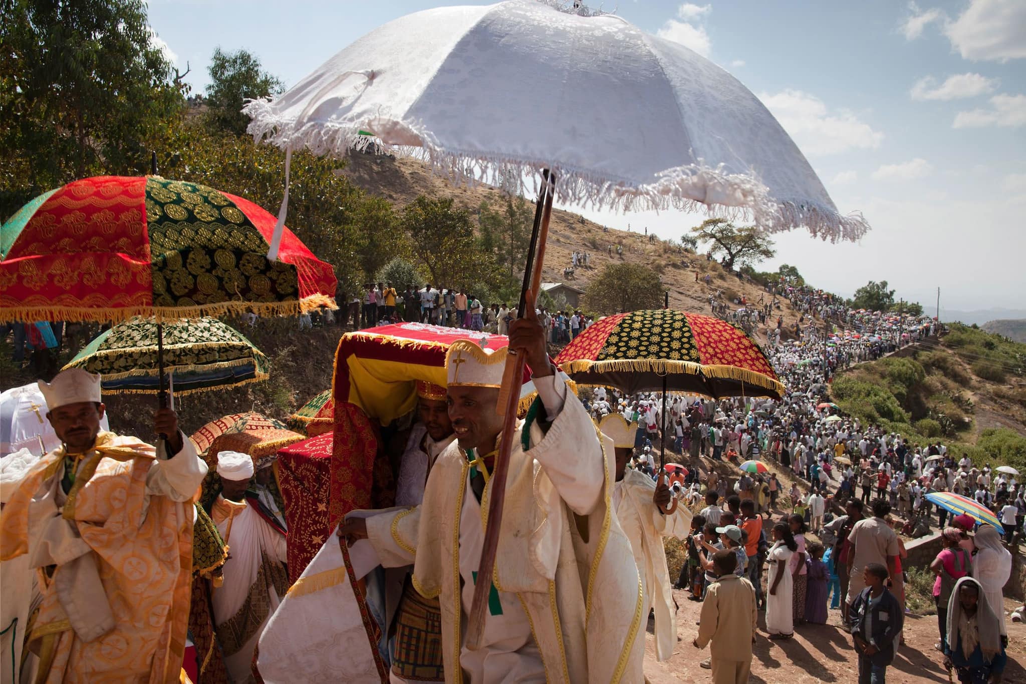 Replicas of the Ark of the Covenant are ceremoniously carried from churches during Timkat festival in Lalibela, Ethiopia. Photographer: Matjaz Krivic/Getty Images Europe