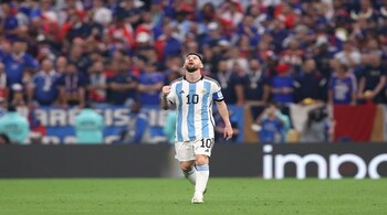 LUSAIL CITY, QATAR - DECEMBER 18: Lionel Messi of Argentina celebrates after scoring the team's first goal via a penalty during the FIFA World Cup Qatar 2022 Final match between Argentina and France at Lusail Stadium on December 18, 2022 in Lusail City, Qatar. (Photo by Julian Finney/Getty Images)