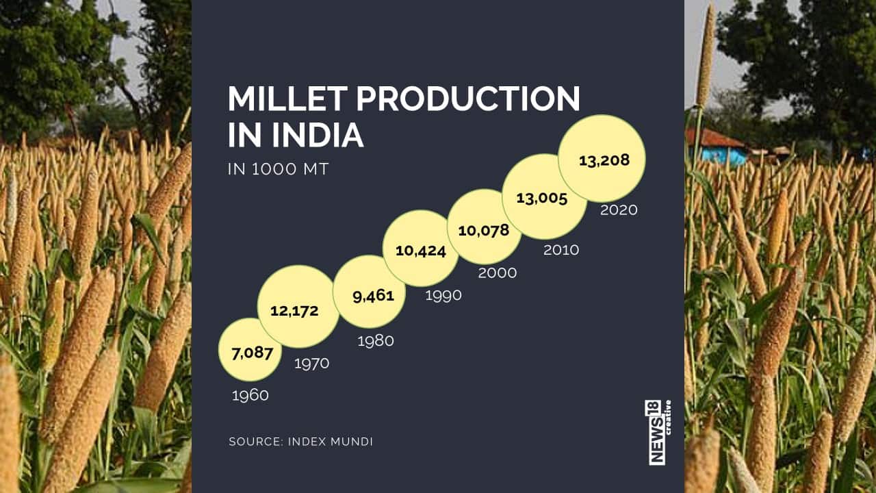 A look at how millet productions in India has increased since 1960. (Image: News18 Creative) A look at how millet productions in India has increased since 1960. (Image: News18 Creative)