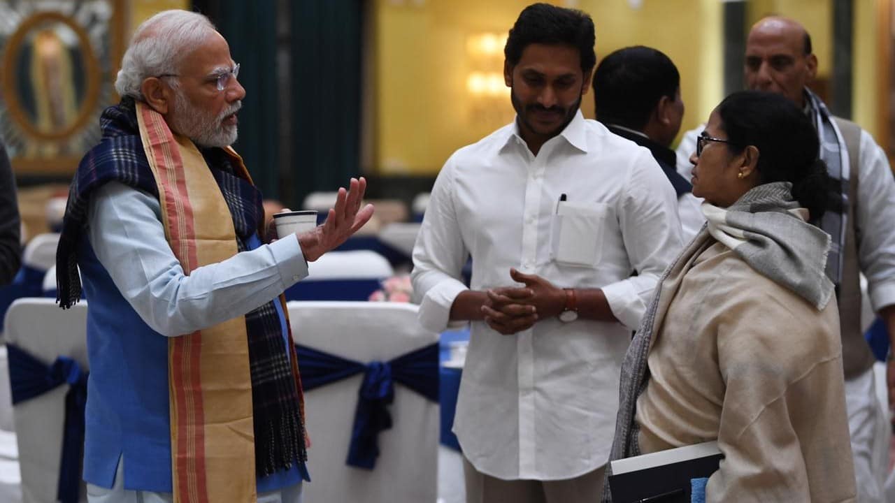 Prime Minister Narendra Modi chats with TMC supremo Mamata Banerjee and Andhra Pradesh Chief Minister Jagan Mohan Reddy. Mamata Banerjee said at the meeting that the G20 presidency was not about one party’s agenda but of the entire country. (Image: Ministry of External Affairs) Prime Minister Narendra Modi chats with TMC supremo Mamata Banerjee and Andhra Pradesh Chief Minister Jagan Mohan Reddy. Mamata Banerjee said at the meeting that the G20 presidency was not about one party’s agenda but of the entire country. (Image: Ministry of External Affairs)