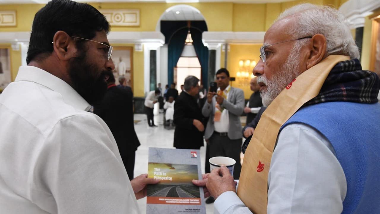 Prime Minister Narendra Modi had a conversation with Maharashtra chief minister Eknath Shinde during the all-party meeting on G20, in New Delhi. (Image: Ministry of External Affairs) Prime Minister Narendra Modi had a conversation with Maharashtra chief minister Eknath Shinde during the all-party meeting on G20, in New Delhi. (Image: Ministry of External Affairs)