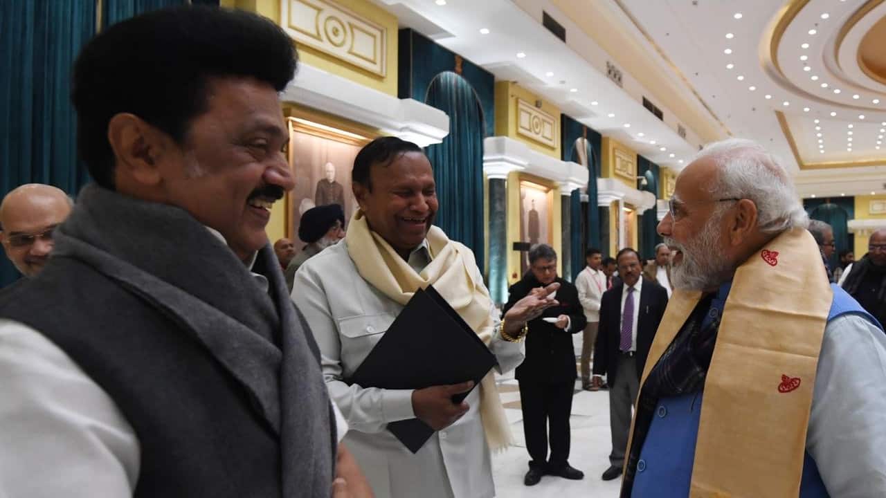 Prime Minister Narendra Modi and Tamil Nadu chief minister MK Stalin share light moment during the all-party meeting on India's G20 presidency. 'I strongly believe our prime minister will use this opportunity to promote the values of peace, non-violence, harmony, equality and equal justice all over the world. I assure that Tamil Nadu will extend its full support and cooperation in conducting the conferences to mark India's G20 Presidency,' said Stalin. (Image: Ministry of External Affairs) Prime Minister Narendra Modi and Tamil Nadu chief minister MK Stalin share light moment during the all-party meeting on India's G20 presidency. 'I strongly believe our prime minister will use this opportunity to promote the values of peace, non-violence, harmony, equality and equal justice all over the world. I assure that Tamil Nadu will extend its full support and cooperation in conducting the conferences to mark India's G20 Presidency,' said Stalin. (Image: Ministry of External Affairs)