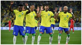 FIFA World Cup 2022: Brazil's Neymar celebrates with his team after scoring his team's second goal against South Korea from the penalty spot.