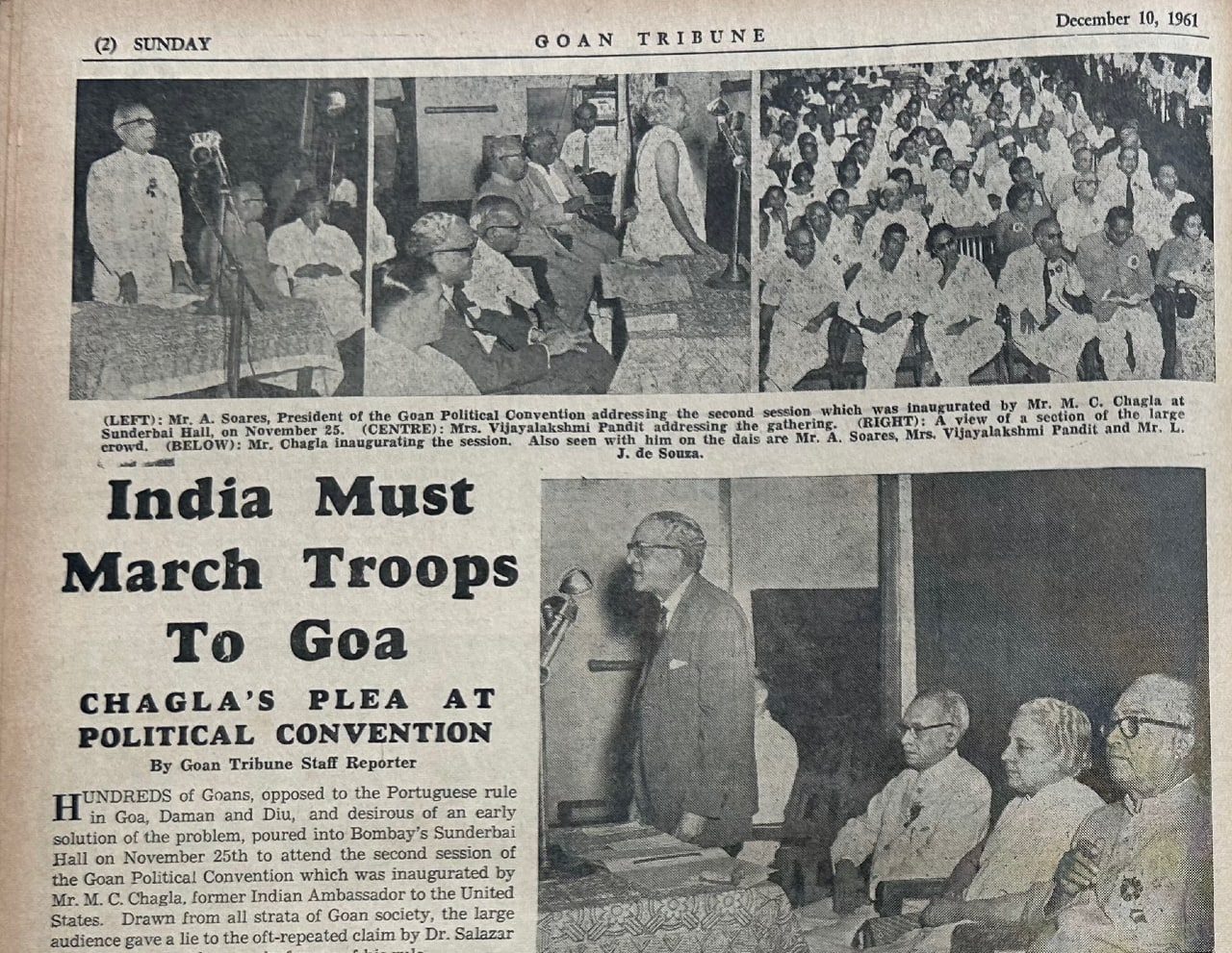 On November 25, 1961, hundreds of Goans poured into Bombay’s Sunderbal Hall to attend the second session of Goa Political Convention which was inaugurated by M.C. Chagla, former Indian ambassador to the United States. (Photo courtesy of Krishnadas Shama State Central Library, Goa)