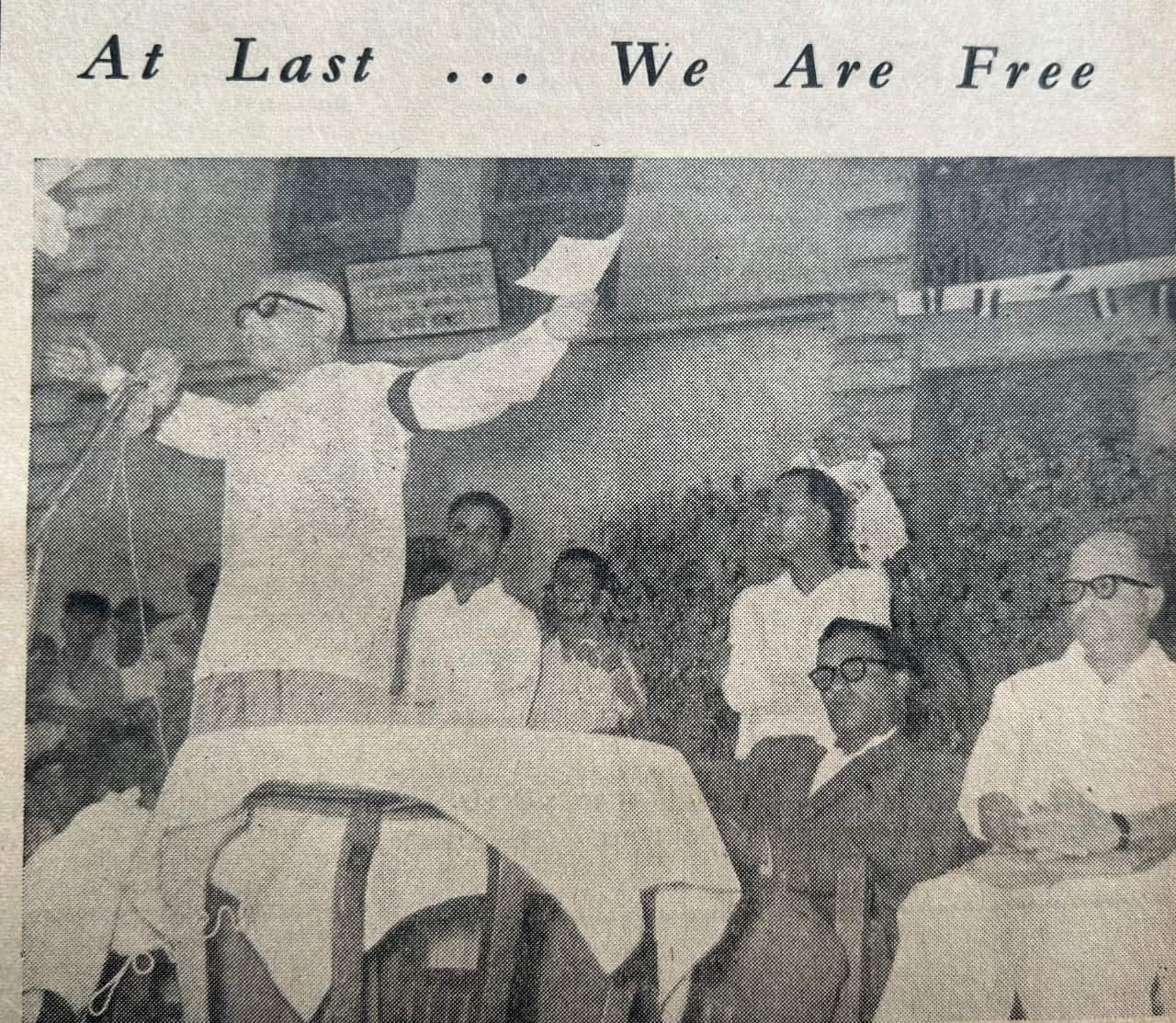 At Last… We are Free. Pedro Correia Afonso, editor of 'A Vida', is all jubilant as he addresses the first mammoth meeting in Margao on December 24, 1961. Seated to his left are Dr Mayekar and Dr Rama Hedge. (Photo courtesy of Krishnadas Shama State Central Library, Goa)
