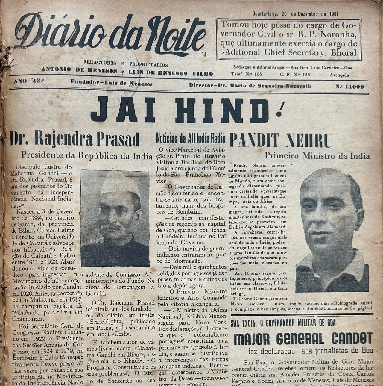 JAI HIND. The front page of 'Diario da Noite', a Portuguese newspaper dated December 20, 1961. (Photo courtesy of Krishnadas Shama State Central Library, Goa)