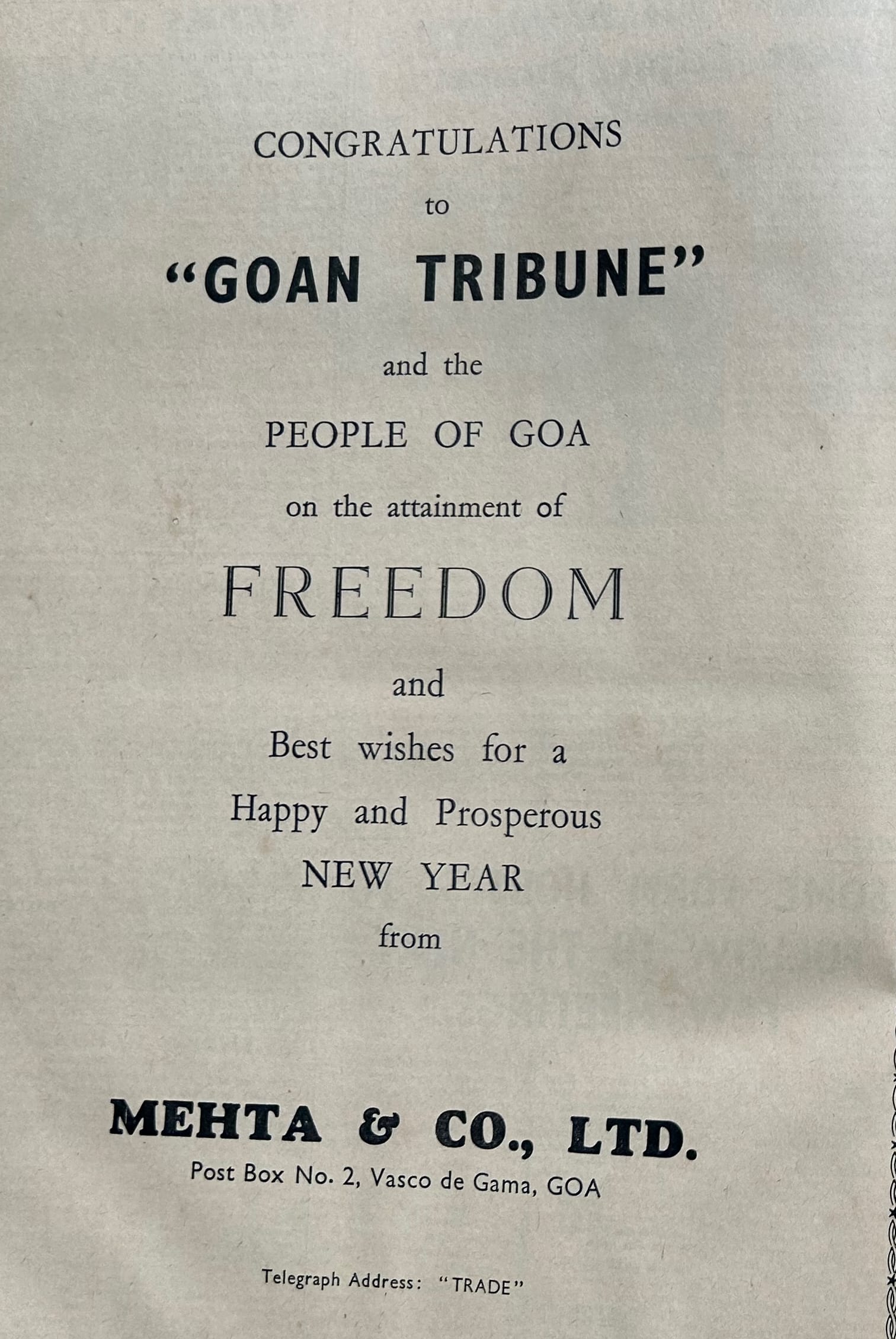 A full-page advertisement in 'Goan Tribune' soon after Goa’s Liberation on December 19, 1961. (Photo courtesy of Krishnadas Shama State Central Library, Goa)