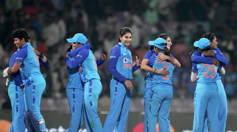 Indian players  celebrate the win against Australia at DY Patil Stadium, Navi Mumbai, on Dec 11, 2022 (PTI Photo)