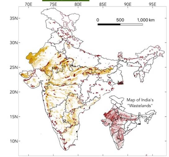 Distribution of semi-arid open natural ecosystems in India in relation to protected areas (red outlines), and semi-arid “wastelands”, as designated by the Indian government (inset map). Image sourced from Madhusudan, MD, and Vanak, AT (2022). Mapping the distribution and extent of India’s semi-arid open natural ecosystems. Journal of Biogeography, 00, 1– 11. https://doi.org/10.1111/jbi.14471