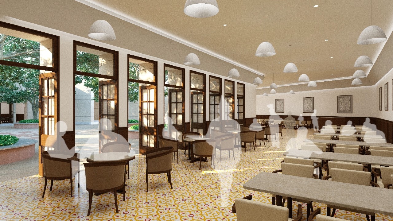 Central Lounge | The central lounge is being created to complement the open courtyard. It is intended to be a place for members to interact. The courtyard will have national tree, the Banyan tree. (Image: Central Vista) Central Lounge | The central lounge is being created to complement the open courtyard. It is intended to be a place for members to interact. The courtyard will have national tree, the Banyan tree. (Image: Central Vista)