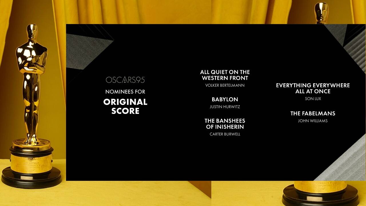 Music (original score): Volker Bertelmann, All Quiet on the Western Front; Justin Hurwitz, Babylon; Carter Burwell, The Banshees of Inisherin; Son Lux, Everything Everywhere All at Once; John Williams, The Fabelmans.