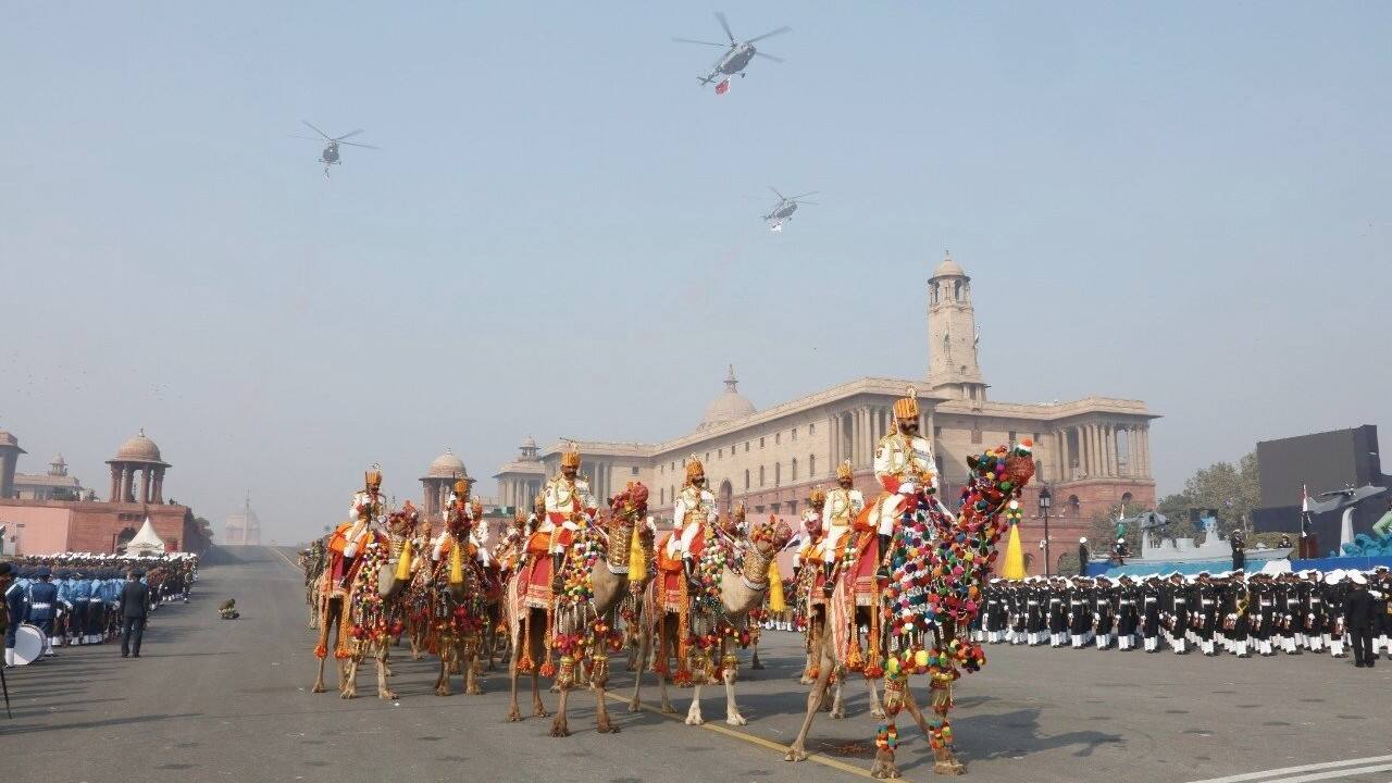 BSF camel contingent including Mahila Camel Riders participates in Full Dress Rehearsal of Republic Day at Kartavya Path on January 23. (Image: Twitter @airnewsalerts)