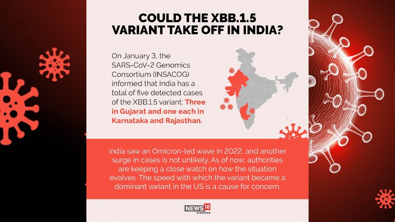 On January 3, the SARS-CoV-2 Genomics Consortium (INSACOG) informed that India has a total of five detected cases of the XBB.1.5 variant: three in Gujarat and one each in Karnataka and Rajasthan. (Image: News18 Creative)