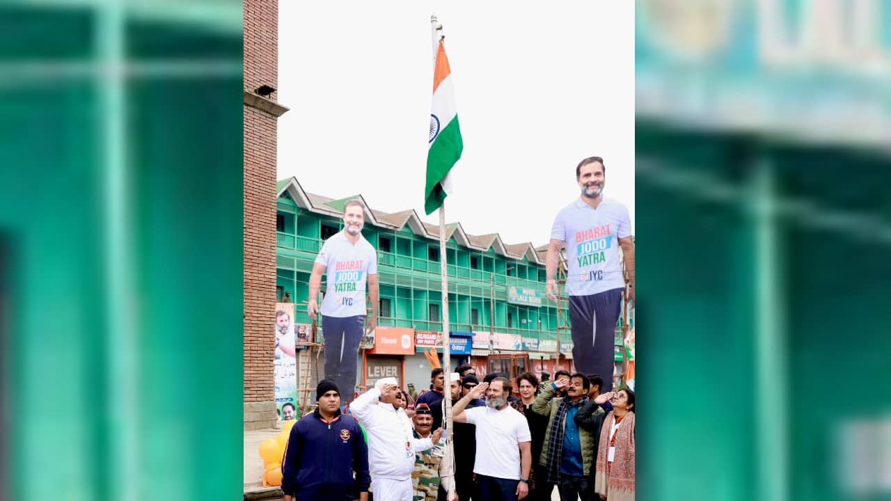 Rahul Gandhi unfurled the national flag at the historic clock tower of Lal Chowk in the heart of Srinagar as the Bharat Jodo yatra entered its last leg in the union territory on January 29. (Image: Congress)