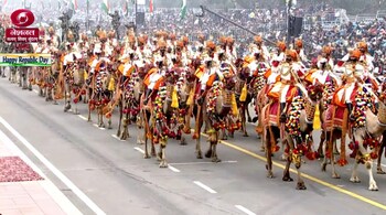 The camel contingent of Border Security Force (BSF) march past the saluting dias at Kartavya Path. For the first time, female camel riders are participating in the parade, showcasing women's empowerment in various fields.