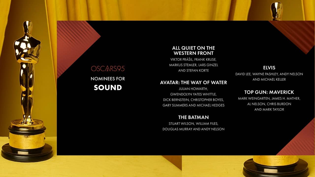 Sound: All Quiet on the Western Front; Avatar: The Way of Water; The Batman; Elvis; Top Gun: Maverick.