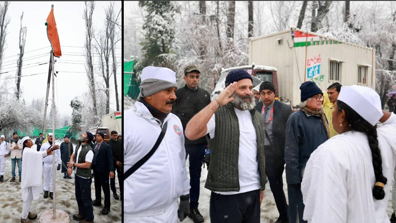 Earlier, Rahul Gandhi also unfurled the national flag at the yatra's campsite at Chesma Sahi in Srinagar. Donning a white T-shirt and a sleeveless jacket, the former Congress chief hoisted the flag at the camp site in Panthachowk to the tunes of the national anthem played to mark the culmination of the yatra, amid a fresh snowfall in the city. (Image: Twitter @bharatjodo)