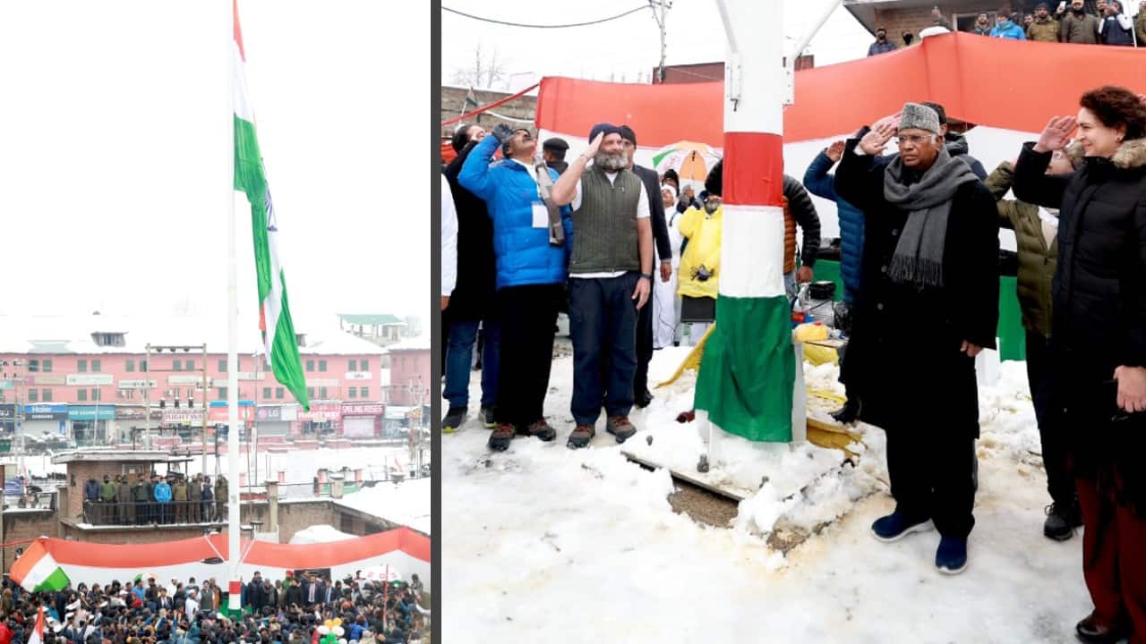 Congress president Mallikarjun Kharge on January 30 hoisted the National flag in Srinagar at the party office in the presence of party MP Rahul Gandhi and Priyanka Gandhi to mark the culmination of the Bharat Jodo Yatra. (Image: Twitter @bharatjodo)