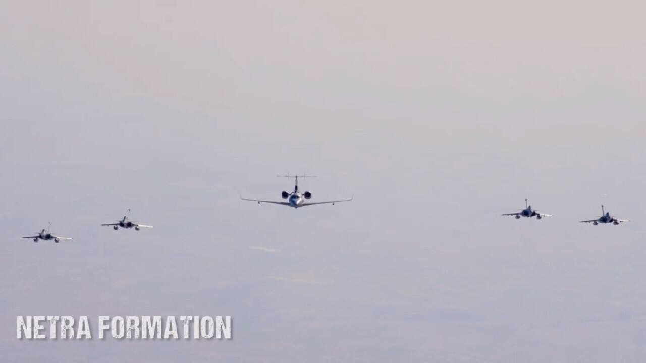 Netra formation comprising an airborne early warning and control - Netra in the centre flanked by four Rafale multirole fighters. (Video grab: Twitter @IAF_MCC)