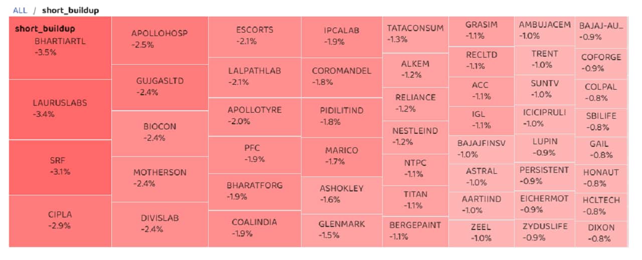 Laurus Labs, SRF, Cipla and Apollo Hospitals were others that saw short buildup. (Numbers reflect change in futures prices.) Disclaimer: The views and investment tips expressed by investment experts on Moneycontrol.com are their own and not those of the website or its management. Moneycontrol.com advises users to check with certified experts before taking any investment decisions. Laurus Labs, SRF, Cipla and Apollo Hospitals were others that saw short buildup. (Numbers reflect change in futures prices.) Disclaimer: The views and investment tips expressed by investment experts on Moneycontrol.com are their own and not those of the website or its management. Moneycontrol.com advises users to check with certified experts before taking any investment decisions.