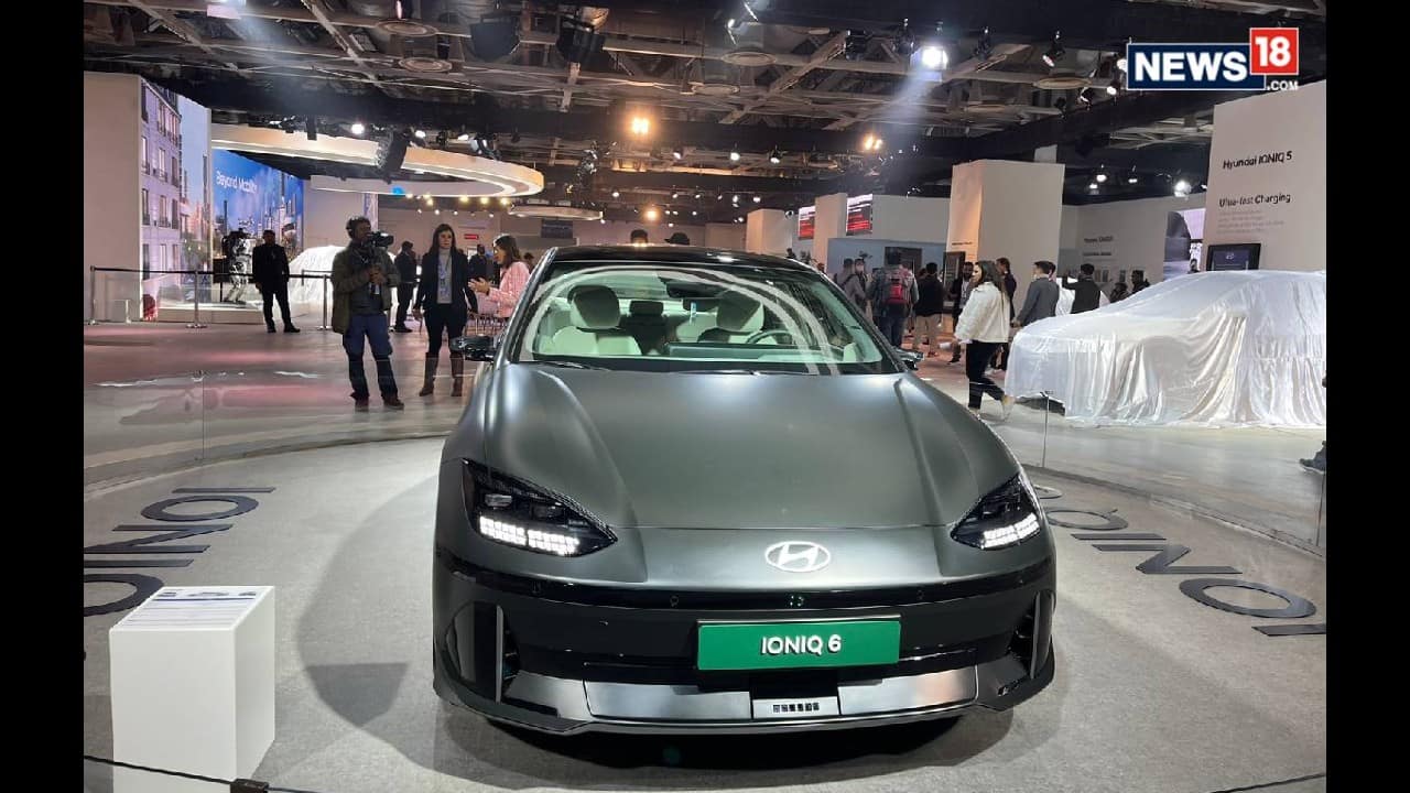 Hyundai Ioniq 6 | Hyundai also showcased the Ioniq 6 EV at their ongoing Auto Expo 2023 pavilion on January 11. The Ioniq 6 is based on Hyundai’s E-GMP skateboard architecture. The electric vehicle offers two battery pack options and a range of up to 614km. The four-door sedan features a futuristic-looking dashboard with a dual-screen panel, ADAS features, single and rear-wheel drive motor, and many more. (Image: News18)